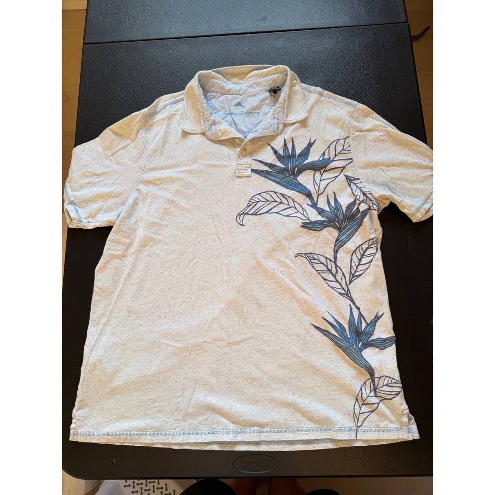 Tommy Bahama Mens XL Blue Bird of Paradise Floral Cotton Short Sleeve Polo Shirt